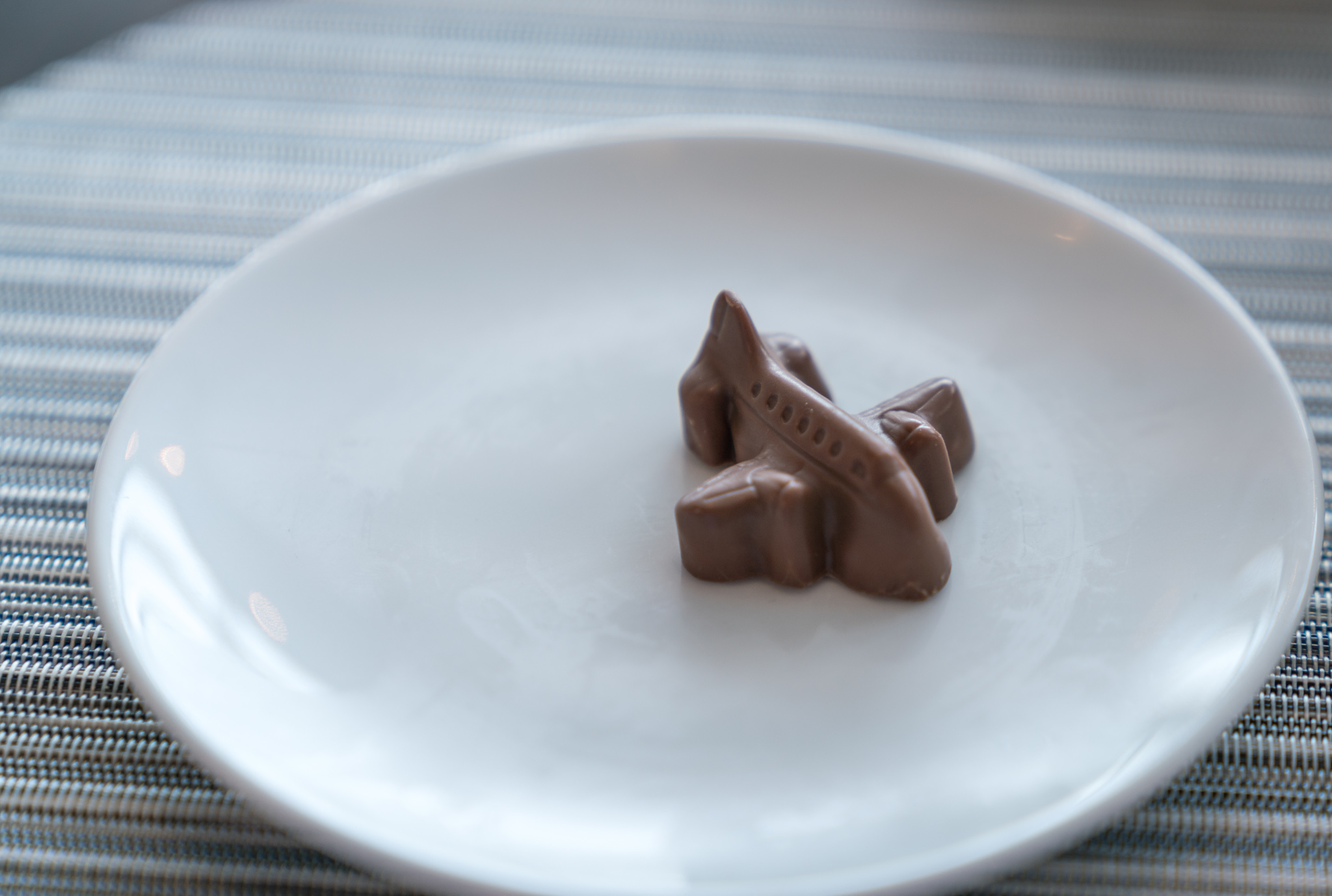 a chocolate airplane shaped object on a white plate