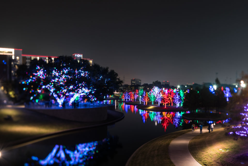 a river with trees with lights on it